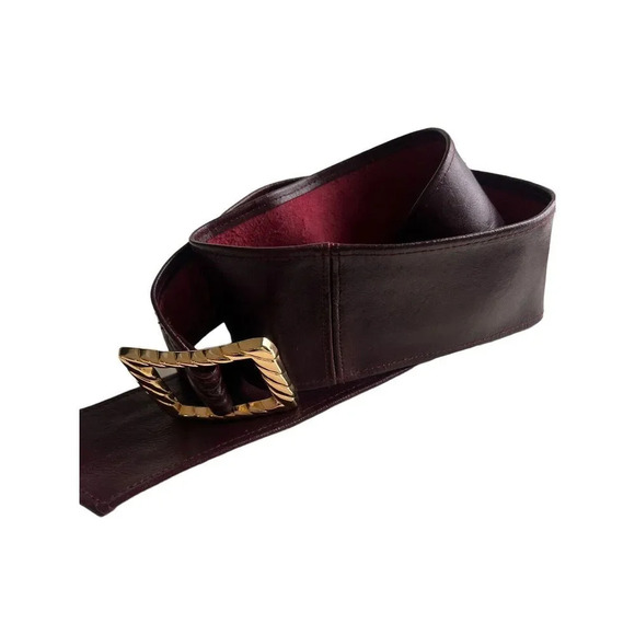 Vtg Burgundy Cowhide Leather Belt 40” Gold Tone Buckle Adjustable Made in USA - Picture 4 of 15
